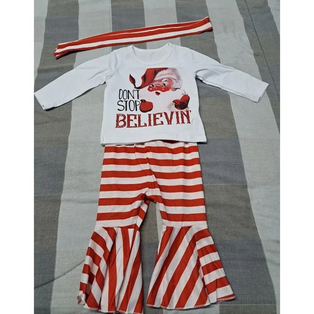 Baby Girl Christmas Outfit Long‎ Sleeve Santa Baby Tops Bell-bottoms pants 3-6M